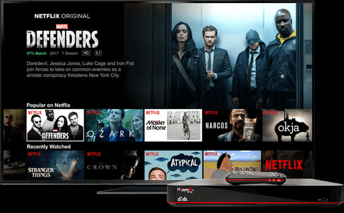 Netflix介面《漫威： defenders》 壁紙 — 電視屏幕顯示Netflix界面，包含Marvel's Defenders及其他節目，前方放有Dish遙控器。