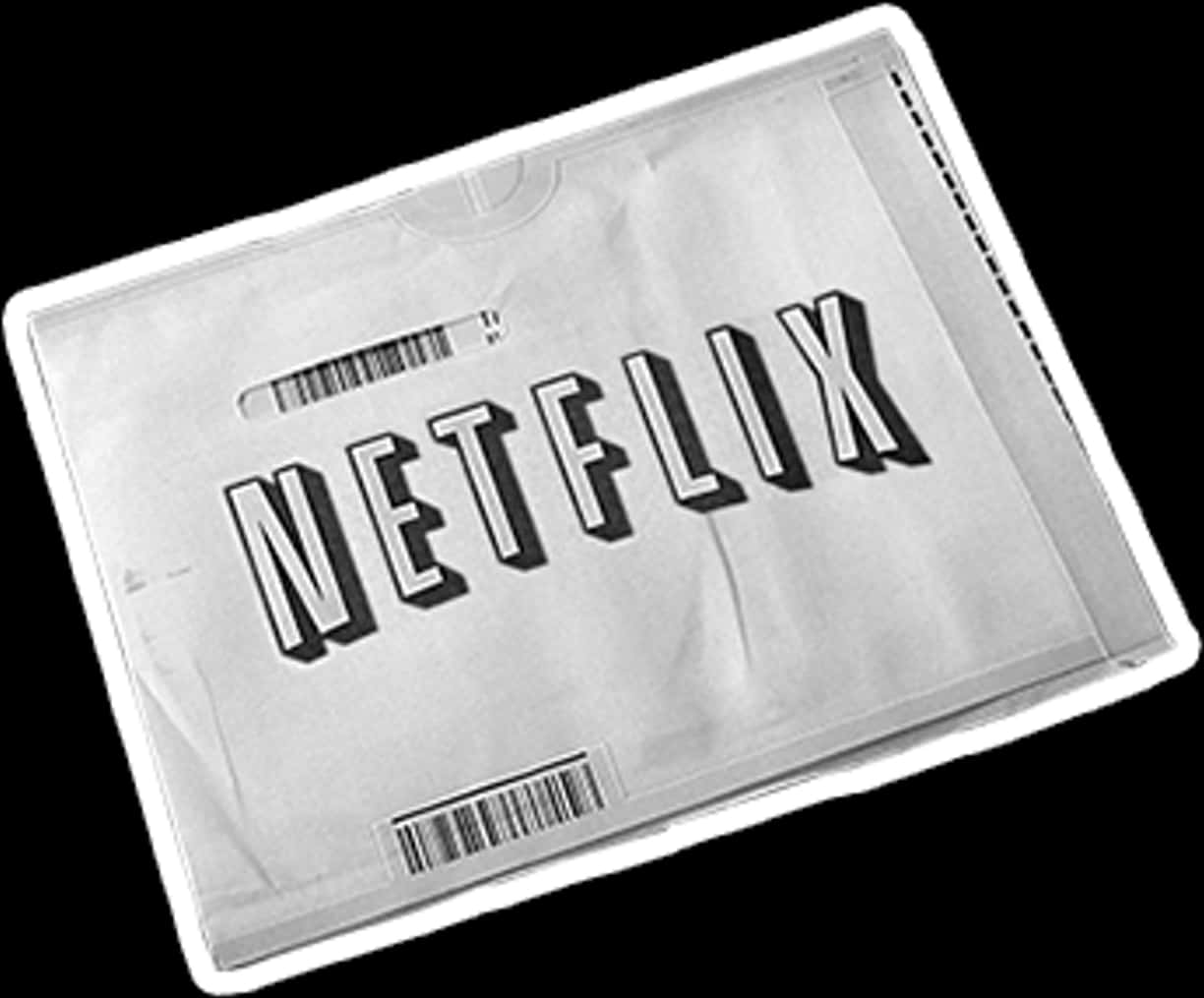 Netflix DVD郵寄概念圖 壁紙 — 一件黑白T恤，在純黑背景上帶有醒目的3D Netflix標誌和條碼細節。