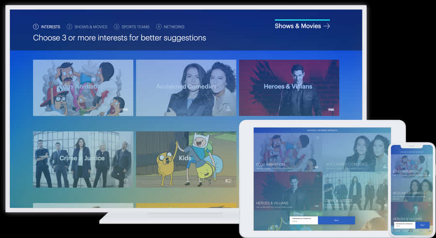 Netflix 基於興趣的推薦系統 壁紙 — 一個時尚的串流服務介面顯示在電視、平板電腦和手機上，展示動畫、喜劇和英雄反派等類型類別。