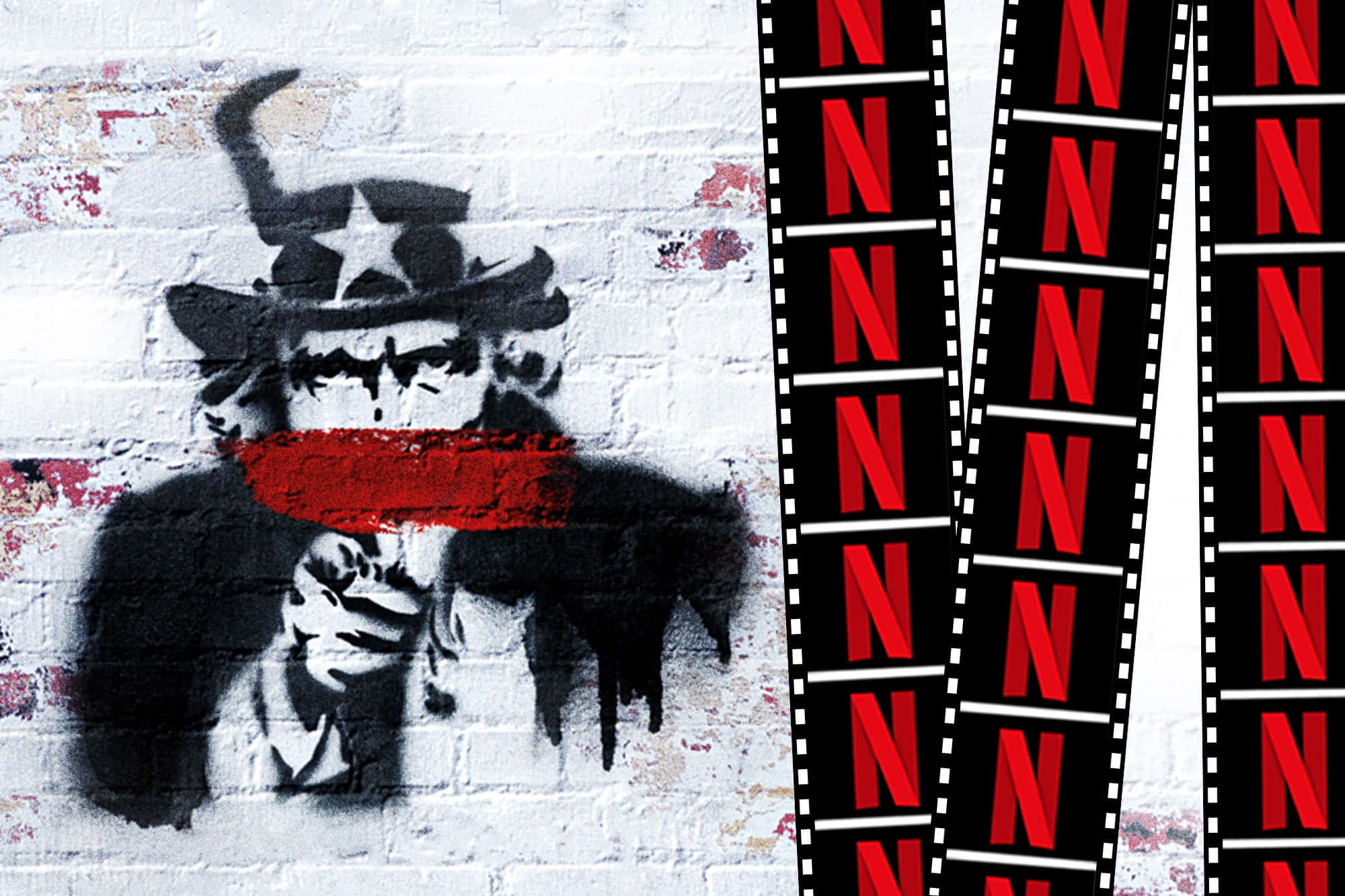 《美國未被說出的歷史》Netflix海報背景 壁紙 — 一幅粗糙的街頭壁畫，描繪山姆大叔嘴上貼著紅色封條，兩側是重複的Netflix菲林條，背景是風化的磚牆。