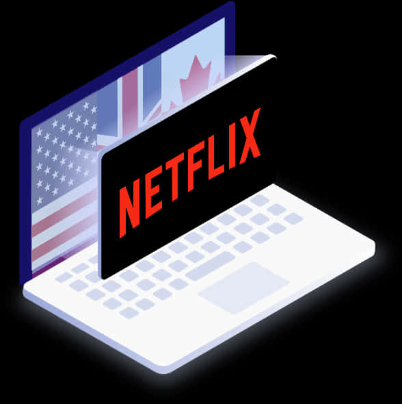 Netflix全球串流概念 壁紙 — 等距筆記型電腦，螢幕上顯示Netflix標誌及美國、英國和加拿大國旗，背景為黑色。