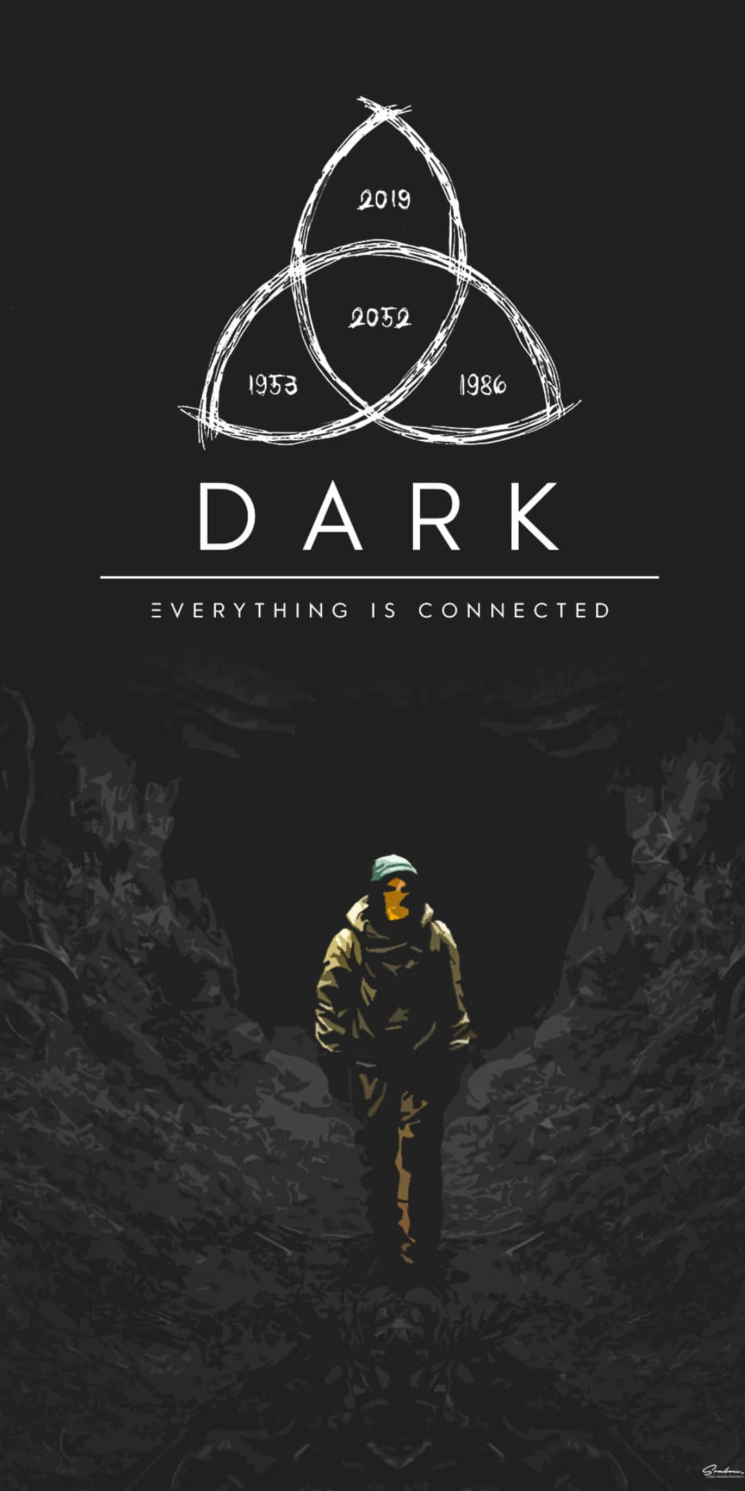 《暗黑》Netflix原創劇集的循環標誌 壁紙 — 一個穿著連帽外套的孤獨身影，站在一個帶有年份和DARK字樣的三曲腿圖符號下的黑暗隧道中。