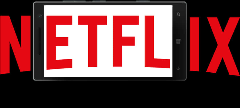 平板顯示Netflix標誌 壁紙 — 一部智能手機在純黑背景上顯示大膽的紅色 Netflix 標誌，品牌名稱延伸至裝置框架之外。