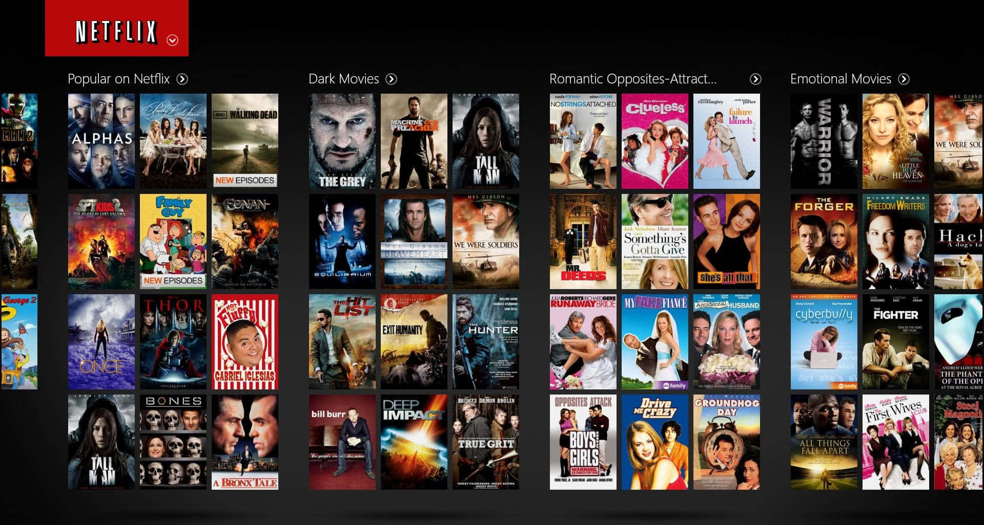 Video-on-demand 桌布 壁紙 — Netflix 主頁顯示電影和節目縮圖的網格，分類於黑暗電影和浪漫對立吸引等類型類別下。