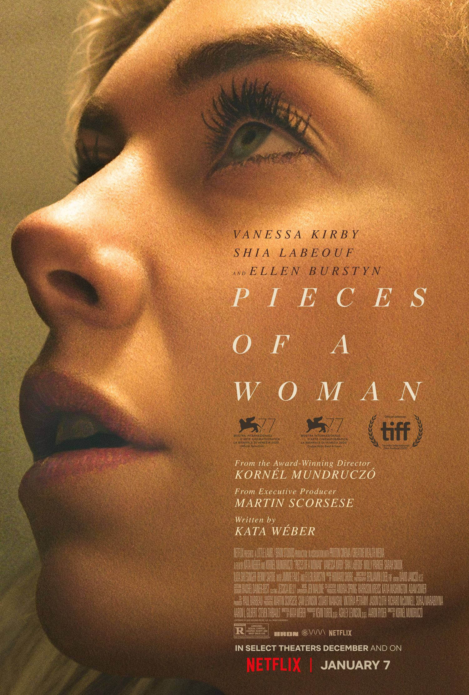 Netflix《女人的碎片》首映海報 壁紙 — 女性臉部特寫，在溫暖金色光線中，眼神強烈，背景柔和模糊。