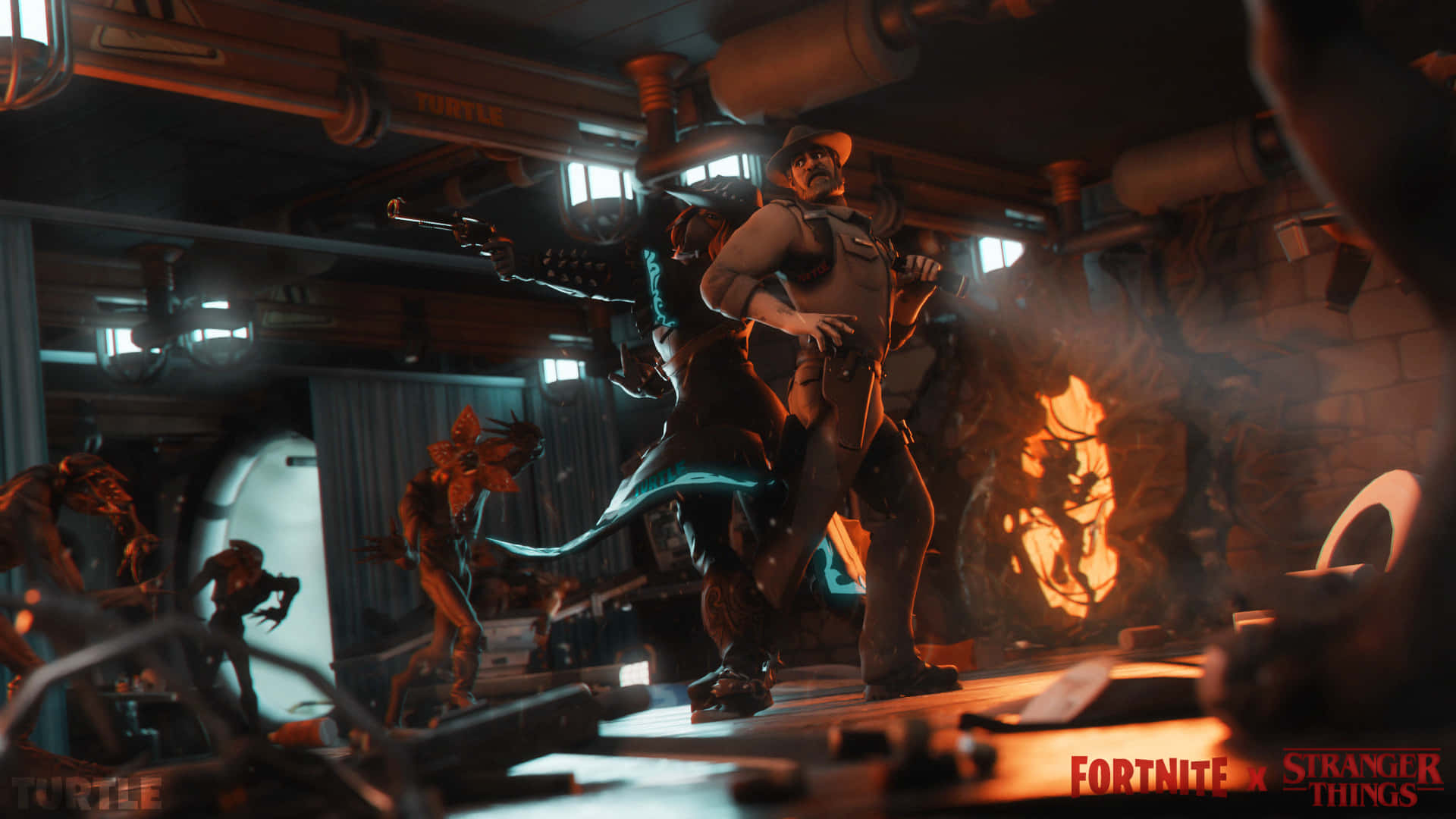 Fortnite 和 Stranger Things 角色在火焰工業實驗室場景中。