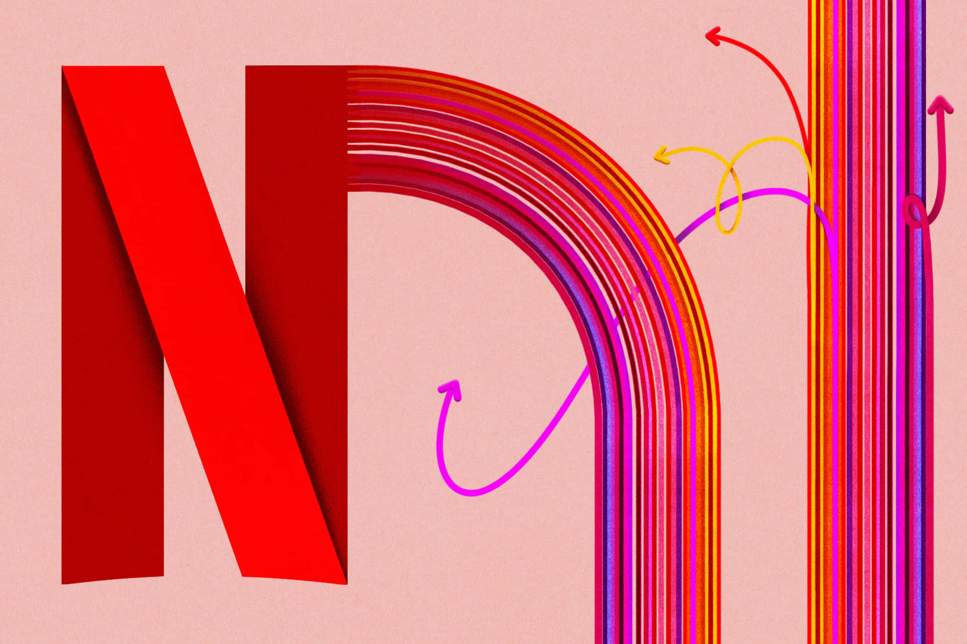 Netflix 標誌，帶有色彩繽紛的箭頭和條紋，在粉紅色背景上從標誌流出。