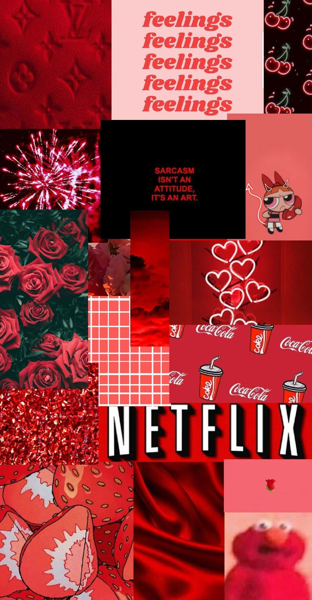 Netflix 標誌拼貼美學紅色背景 壁紙 — 充滿活力的紅色拼貼牆紙，包含玫瑰、煙火、櫻桃、Netflix標誌和卡通人物。