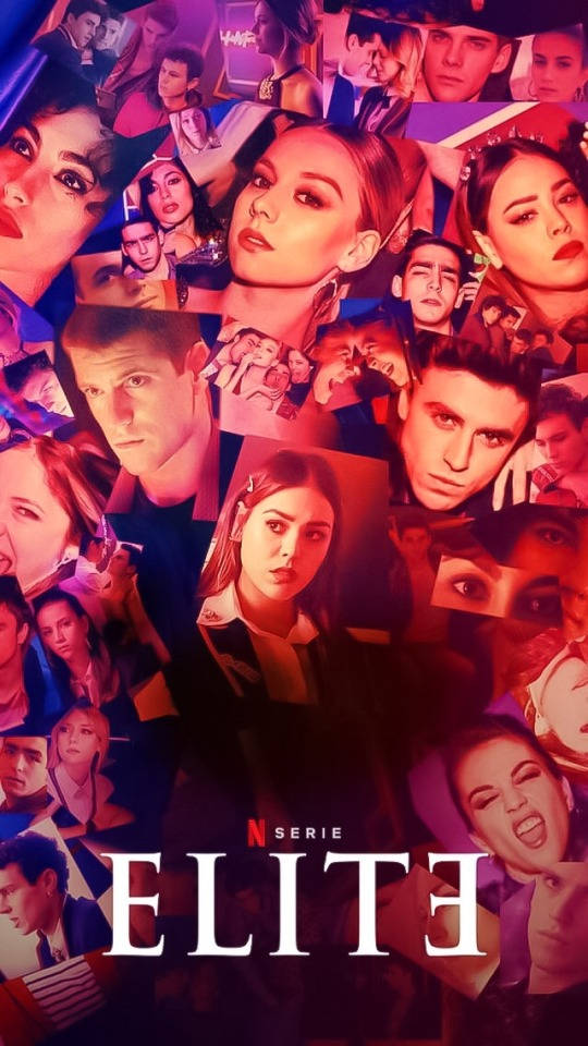 Netflix《精英》劇組成員照片 壁紙 — 一幅充滿活力的拼貼畫，展現強烈的年輕面孔，採用大膽的紅色、紫色和藍色調，並突出顯示「ELITE」一詞。