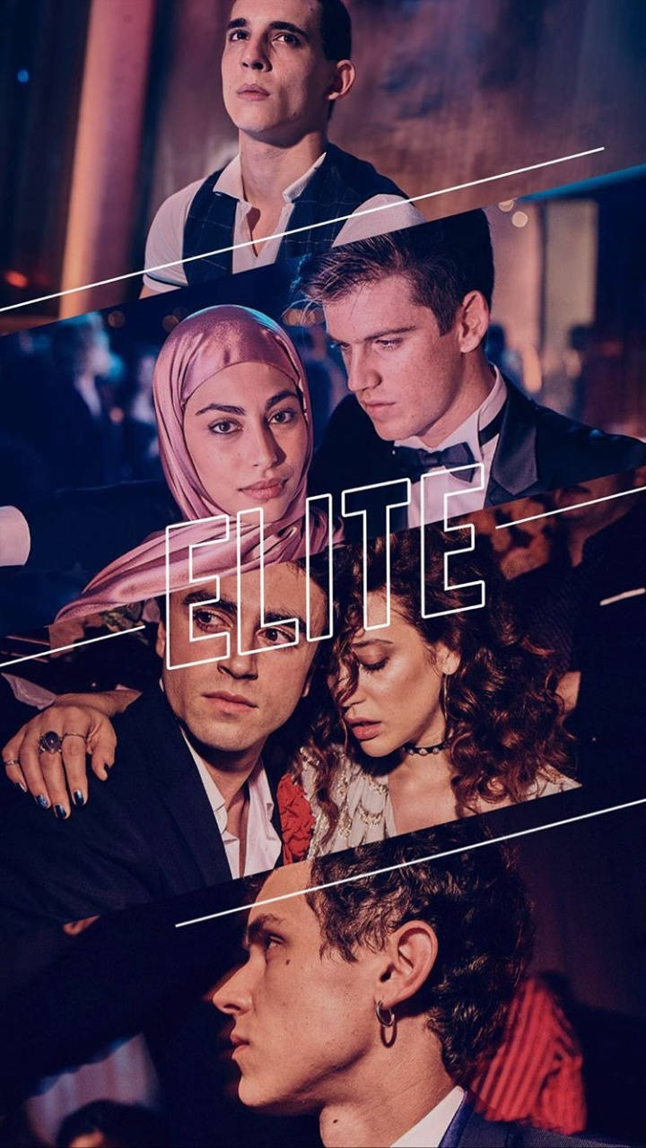 Netflix《精英》角色海報 壁紙 — 五名穿著正裝的年輕人在昏暗的派對背景下戲劇性地擺姿勢，並疊加了ELITE一詞。