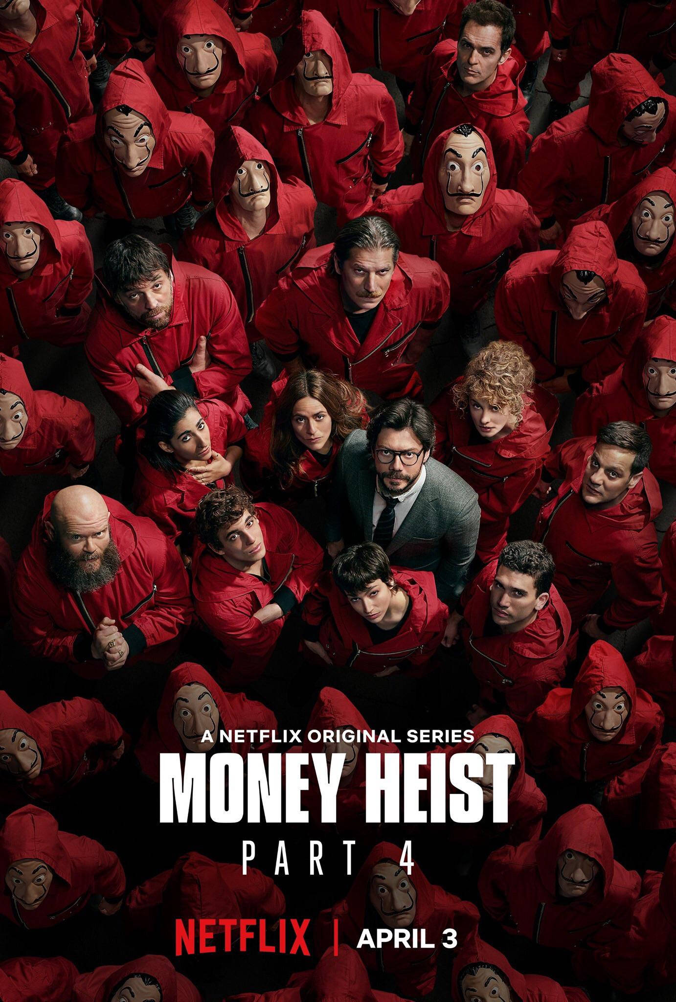 Netflix《紙房子》第四季首映海報 壁紙 — 一群身穿紅色連身衣、戴著達利面具的人群從高角度向上凝視，包圍著幾個未戴面具的人，場面緊張。