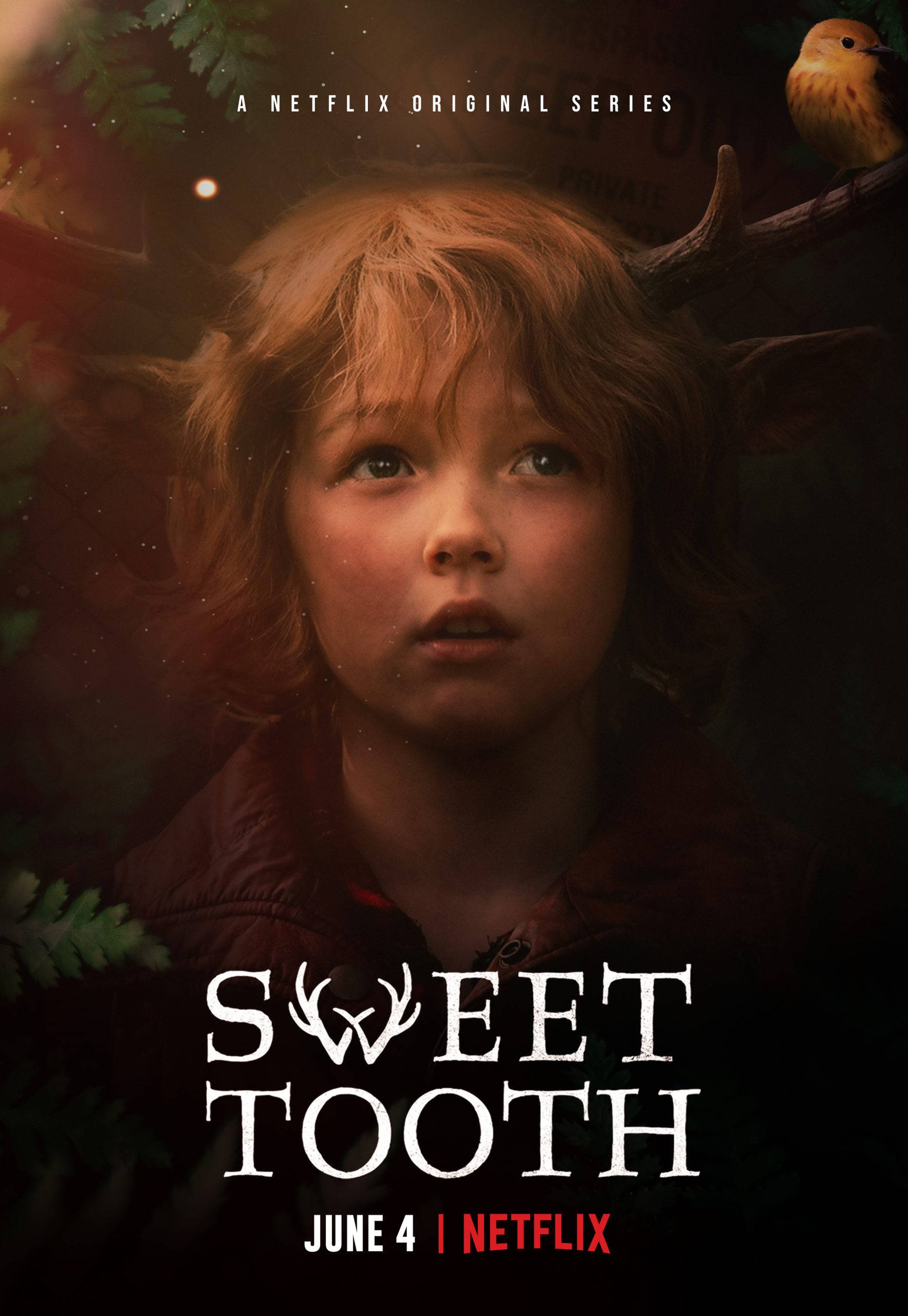 Netflix劇集《甜牙》海報 壁紙 — 一個戴著鹿角的小孩在神秘森林中仰望，森林被柔和的光芒照亮。