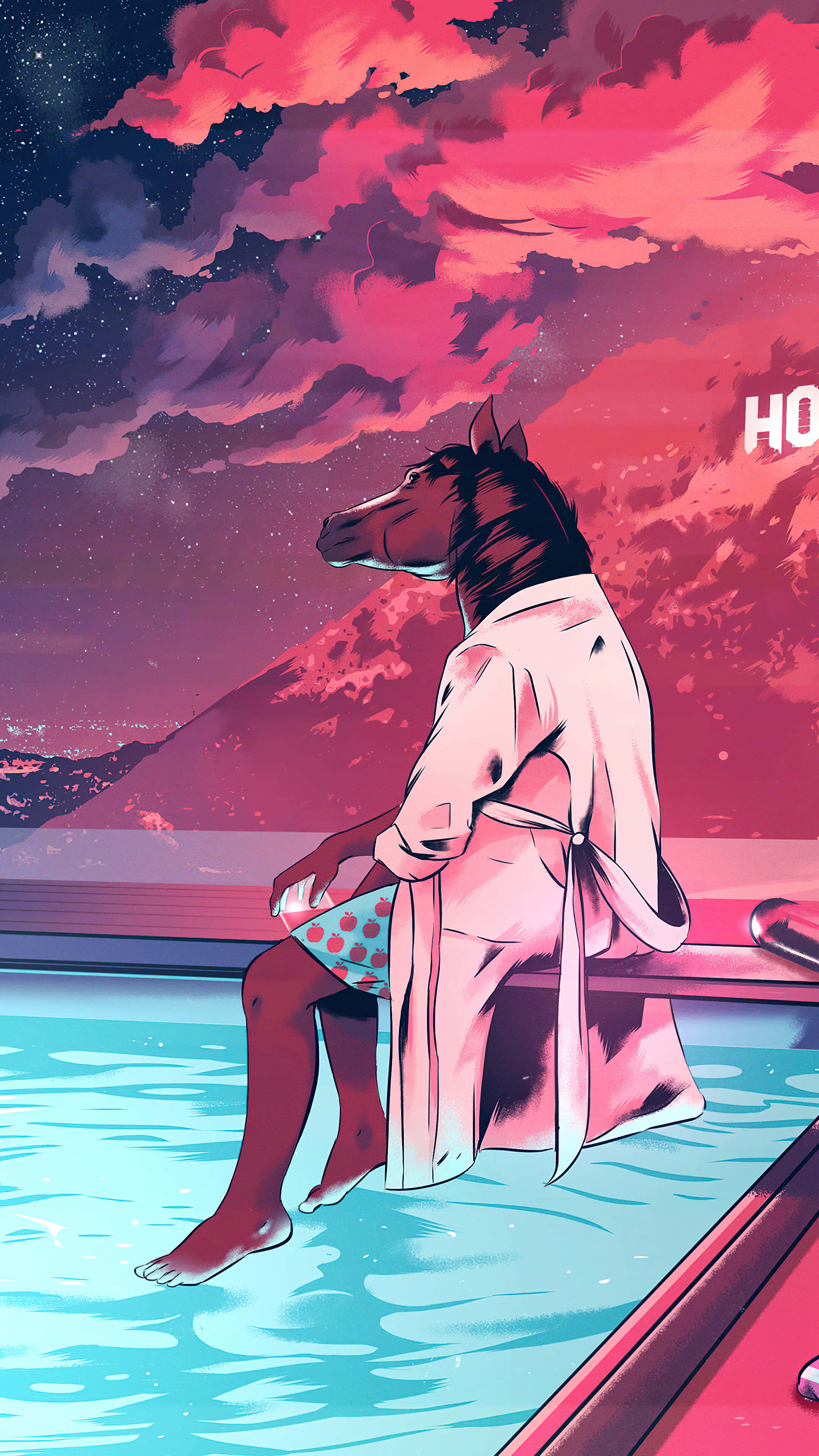 Netflix原創影集中的BoJack Horseman 壁紙 — 一個馬頭人身穿著長袍的人物，赤腳坐在水池中，頭上是佈滿星星的粉紅和紫色天空。