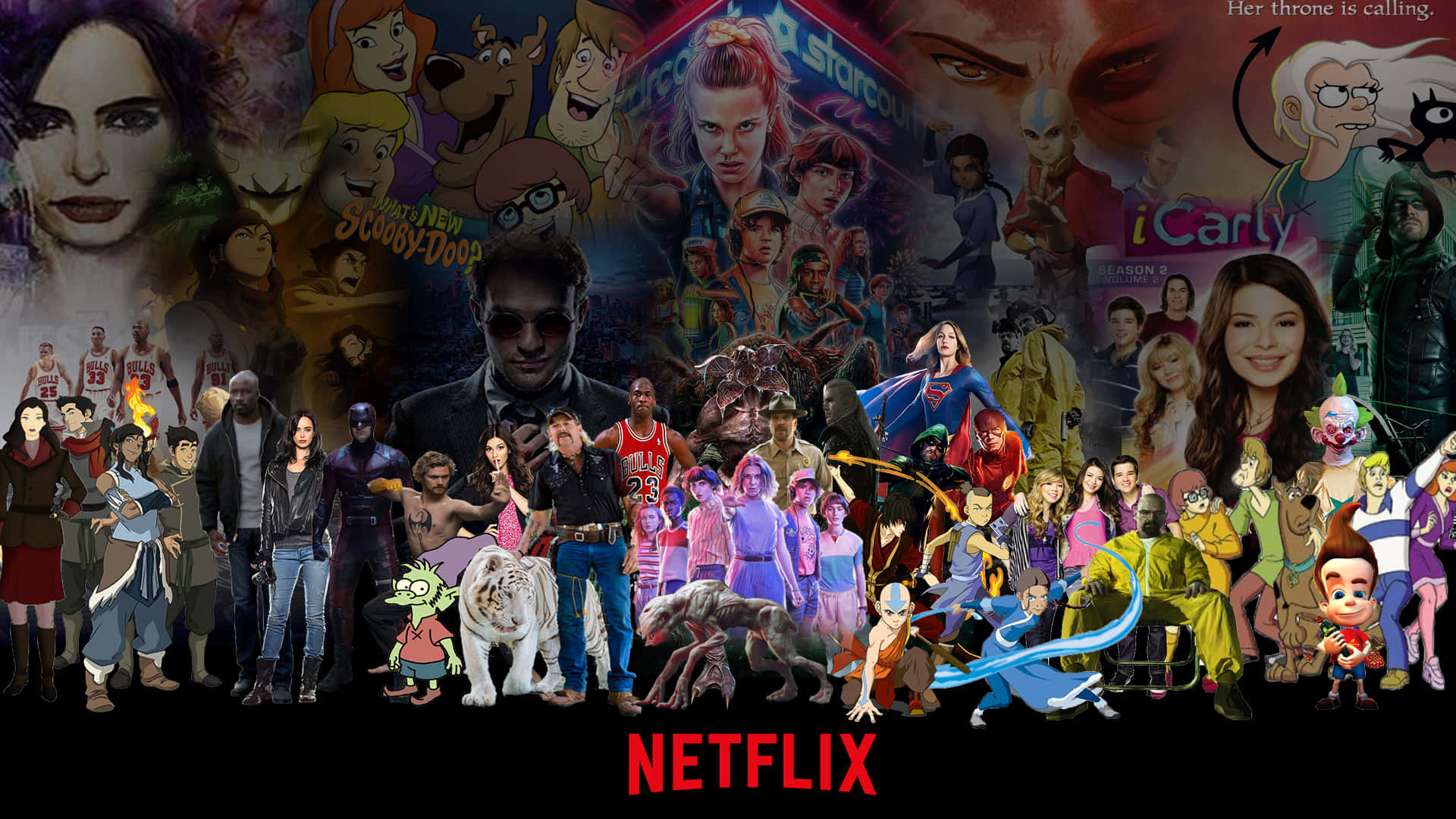 Netflix 標誌，搭配來自各種節目和電影的角色的彩色拼貼畫。
