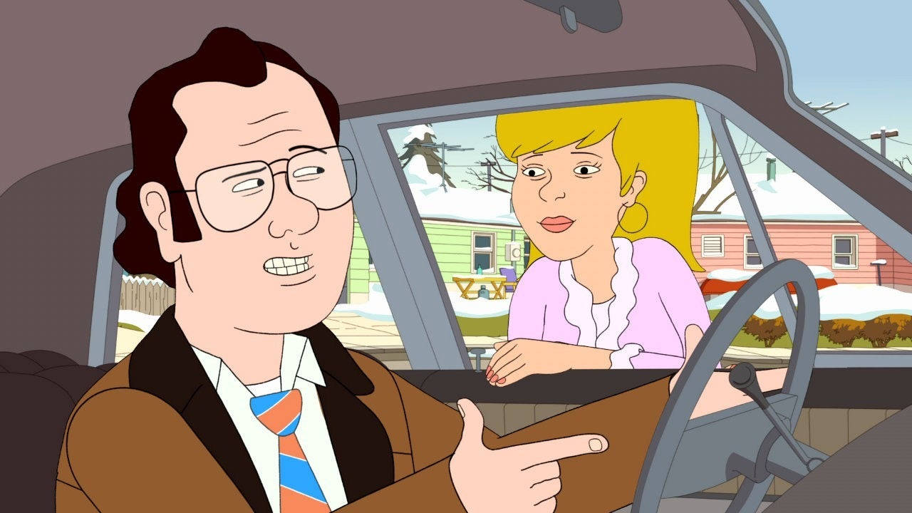 Netflix成人電視劇《F Is For Family》中弗蘭克·墨菲的車內畫面 壁紙 — 卡通情侶在車內，窗外可見積雪的郊區房屋。