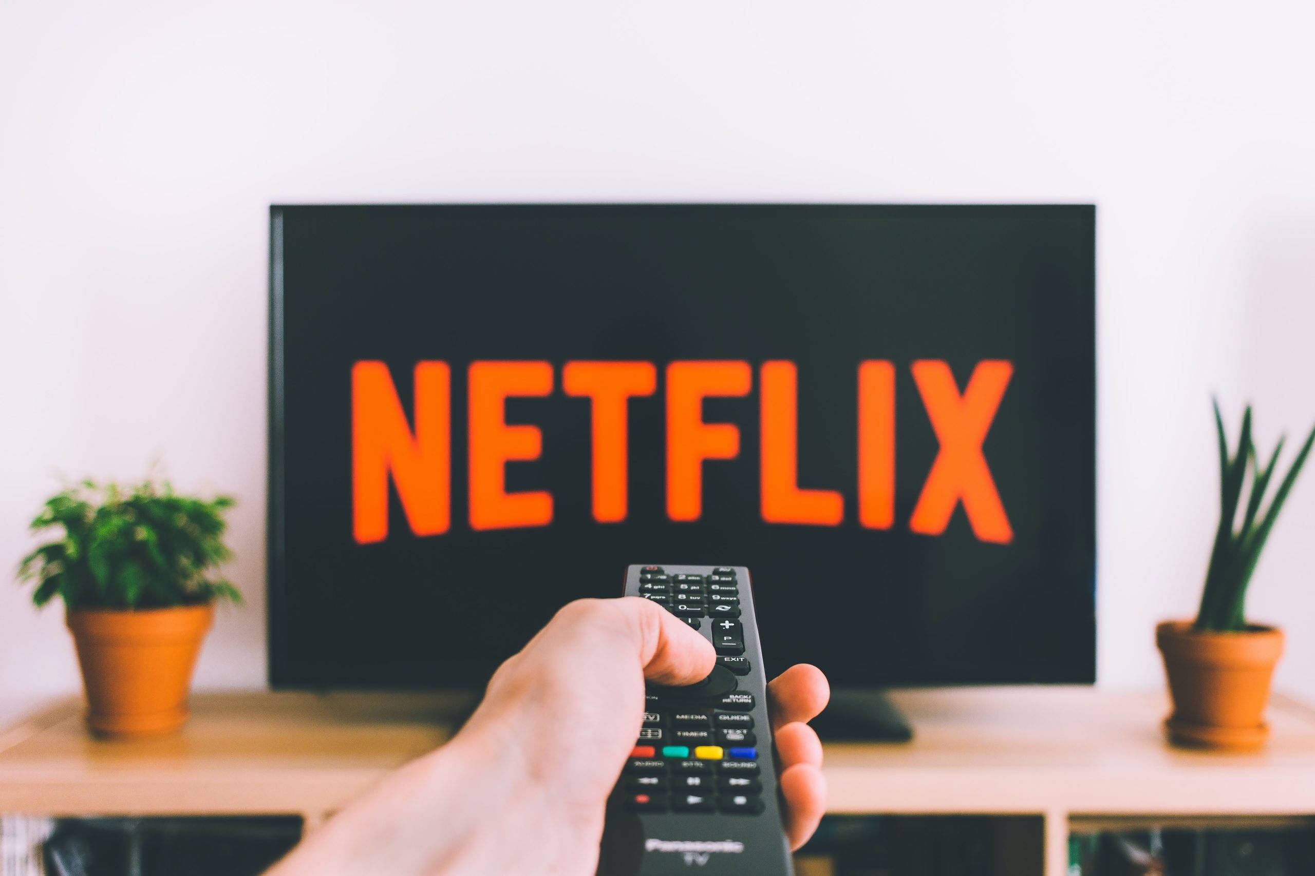 Netflix電視遙控器 壁紙 — 一隻手拿著遙控器對準電視，電視顯示亮橙色Netflix標誌，兩側有盆栽植物在木架上。