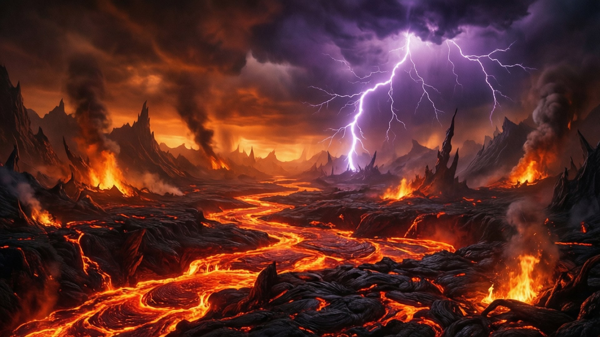 Nether Storm 壁紙 — 一個戲劇性的火山景觀，發光的橙色熔岩河流流經鋸齒狀的黑色岩石，在暴風雨的紫色天空下伴有閃電。