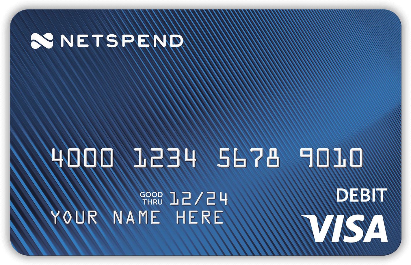 Netspend Visa 個人支票卡樣機 壁紙 — 一張藍色 Netspend Visa 扣賬卡，帶有對角線條紋以及姓名和卡號的佔位文字。
