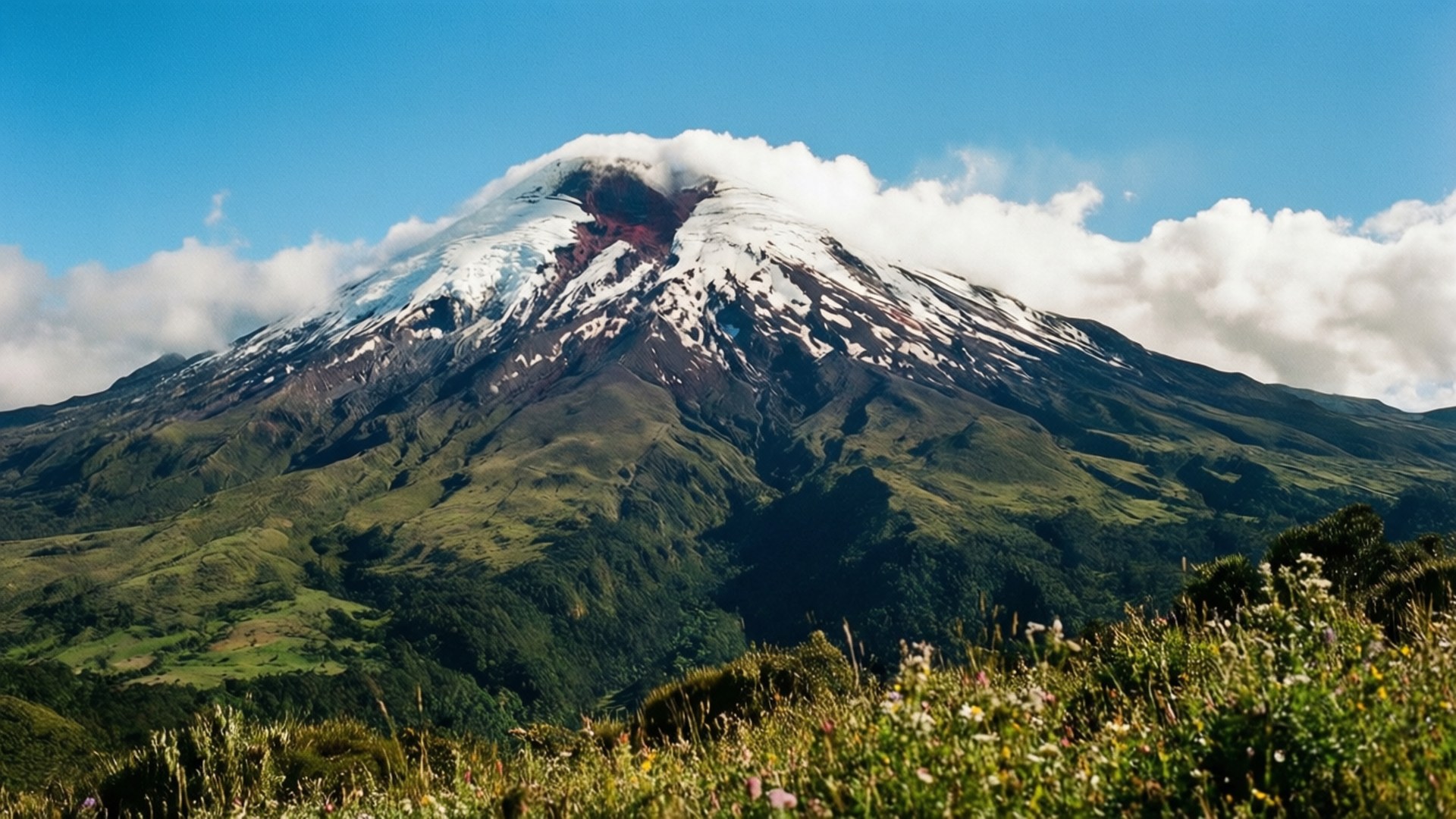 一座白雪覆蓋的火山，綠色山坡在明亮的藍天和白雲下