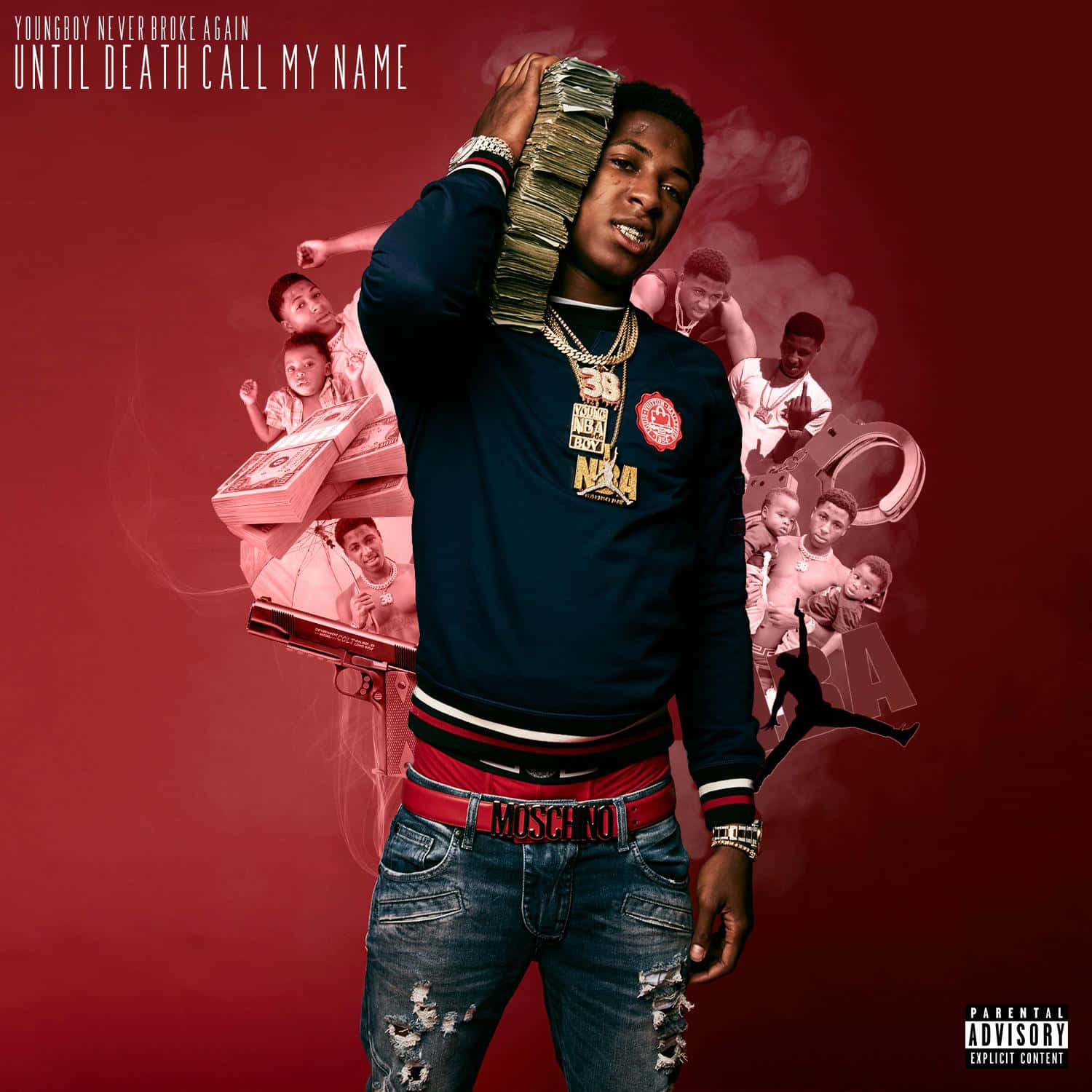 YoungBoy Never Broke Again 在紅色背景上手持現金，背景有漂浮的金錢和槍支圖案。