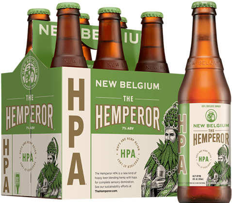 新比爾吉 New Belgium The Hemperor HPA 啤酒 壁紙 — New Belgium 的 The Hemperor 啤酒六罐裝和單支裝，綠色瓶蓋和標籤上有鬍鬚皇帝插圖。