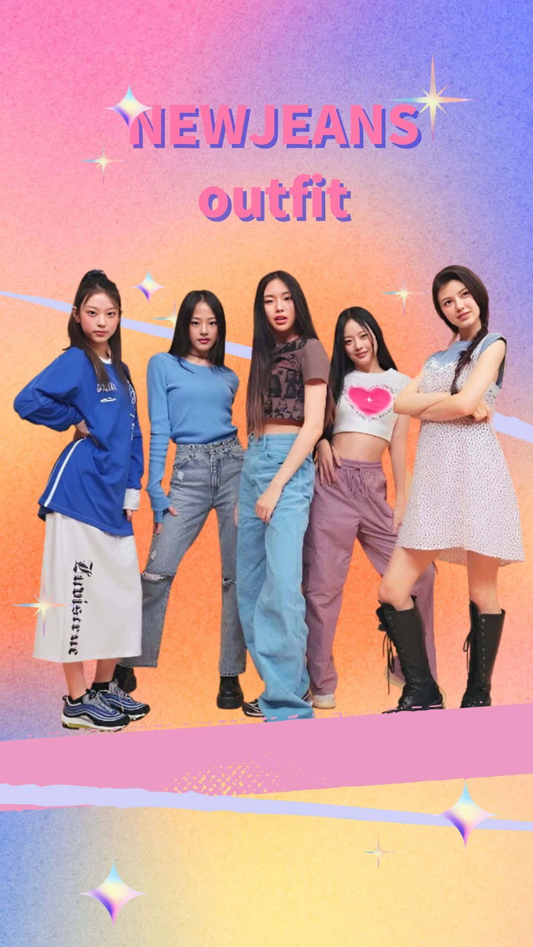 New Jeans 群體服裝造型照 壁紙 — 五位年輕女性在充滿活力的漸變背景前自信地擺出時尚造型，背景有閃爍星星和文字。
