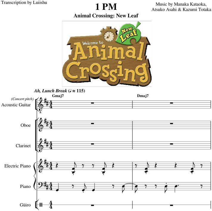 動物森友會《New Leaf》1 PM 音樂譜 壁紙 — 一個木牌寫著「歡迎來到Animal Crossing New Leaf」，帶有時鐘和葉子標誌。