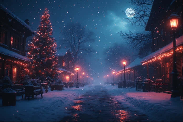 月光下，閃爍的紅色燈籠和裝飾的聖誕樹點綴的雪夜冬季街道。