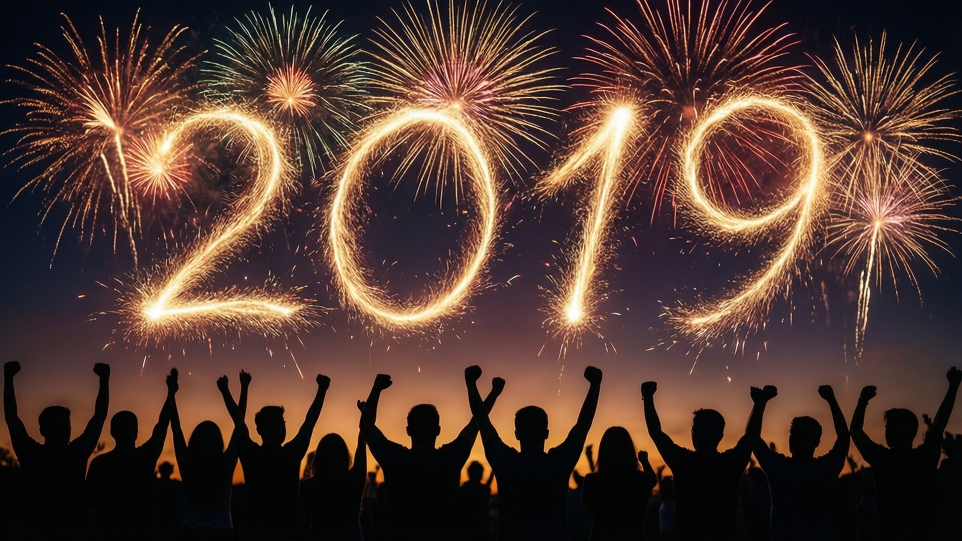 人群慶祝2019新年，煙火在天空中拼出年份。