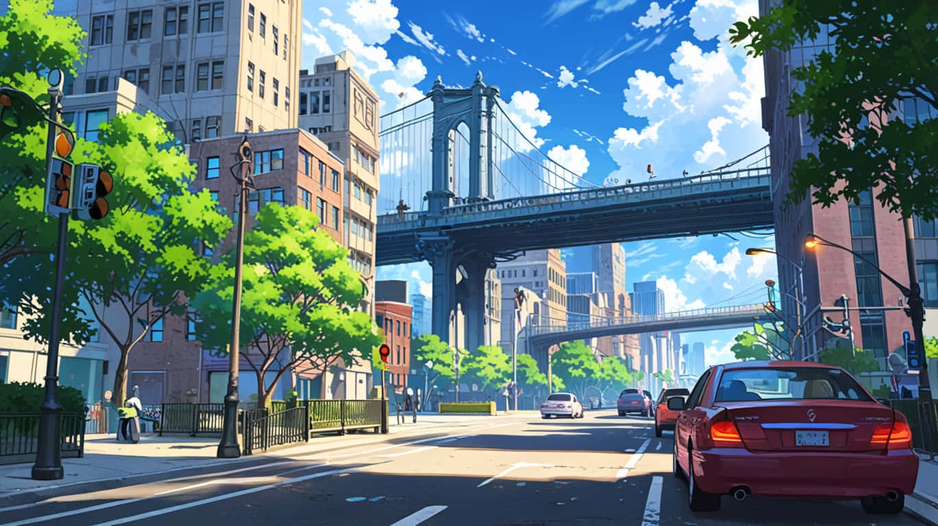 一輛紅色汽車停在大橋下陽光明媚的城市街道上，周圍有綠樹和高樓大廈。