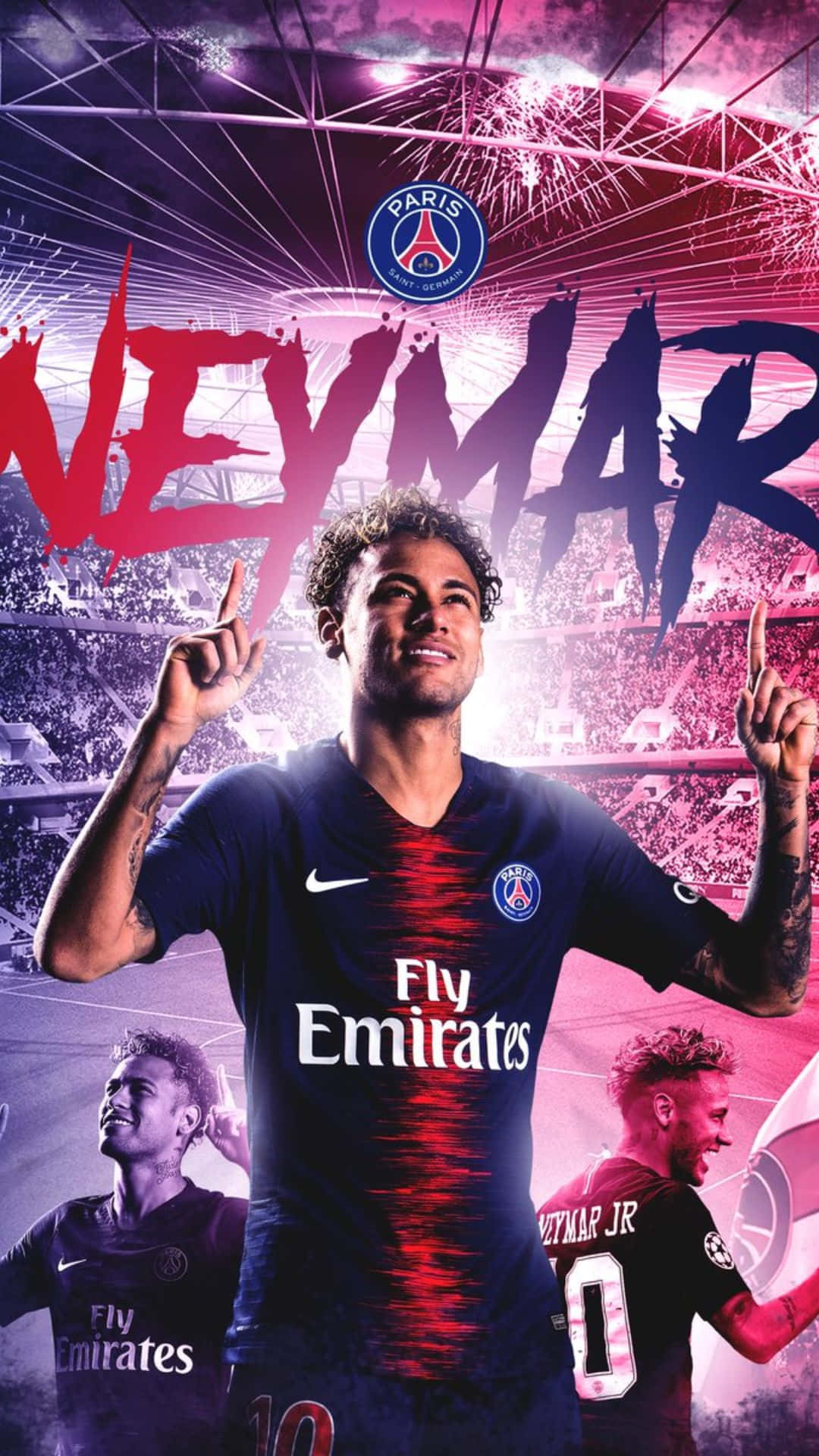 Neymar 命名 iPhone 壁紙 — 一張充滿活力的數位藝術海報，描繪尼馬（Neymar Jr）身穿巴黎聖日耳曼球衣，背後有煙火和球場燈光慶祝。