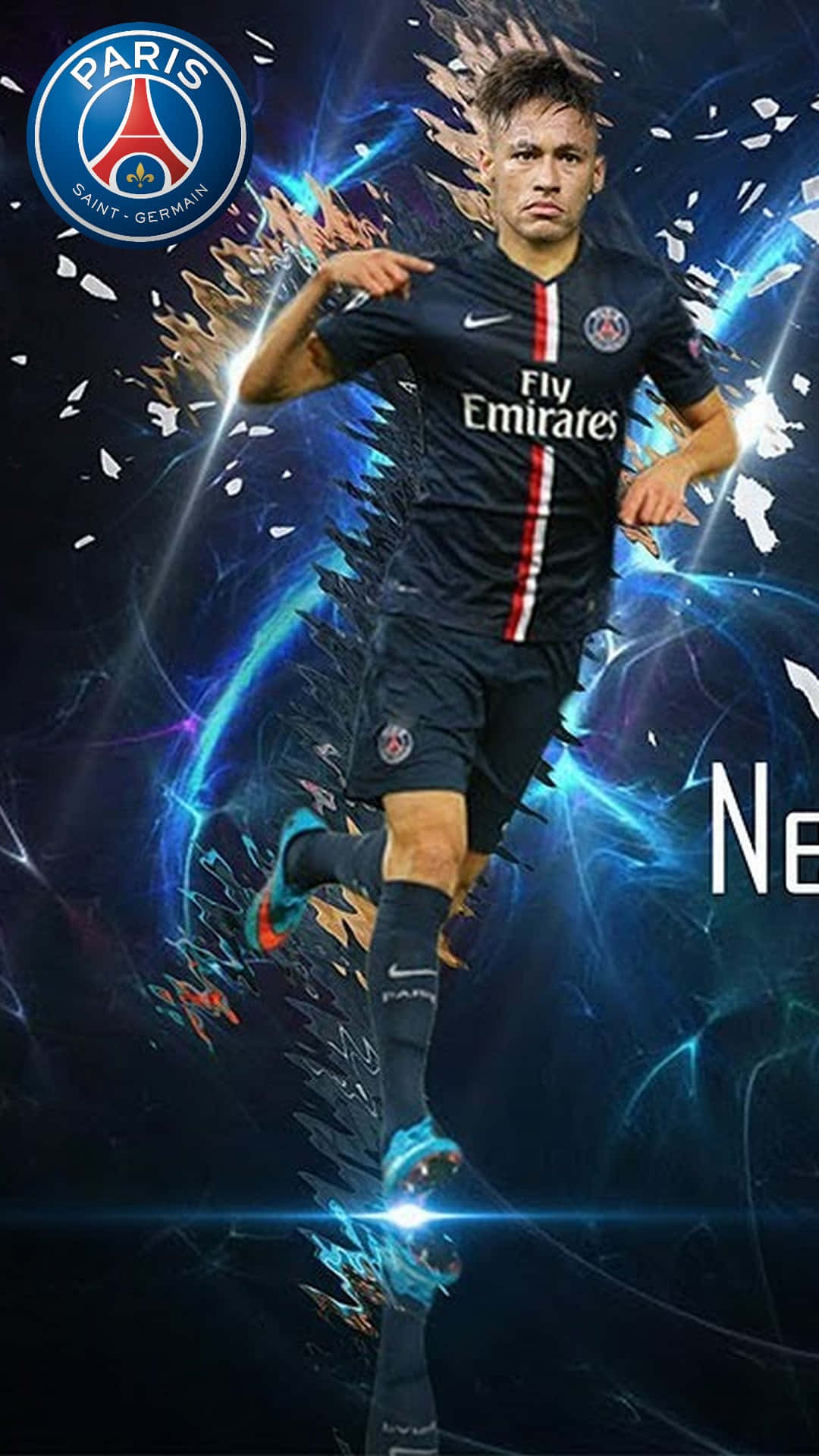 Neymar Jr. 足球魅力 iPhone 壁紙 — 尼馬身穿巴黎聖日耳曼球衣，以發光藍色能量爆發背景的動態數位藝術肖像。