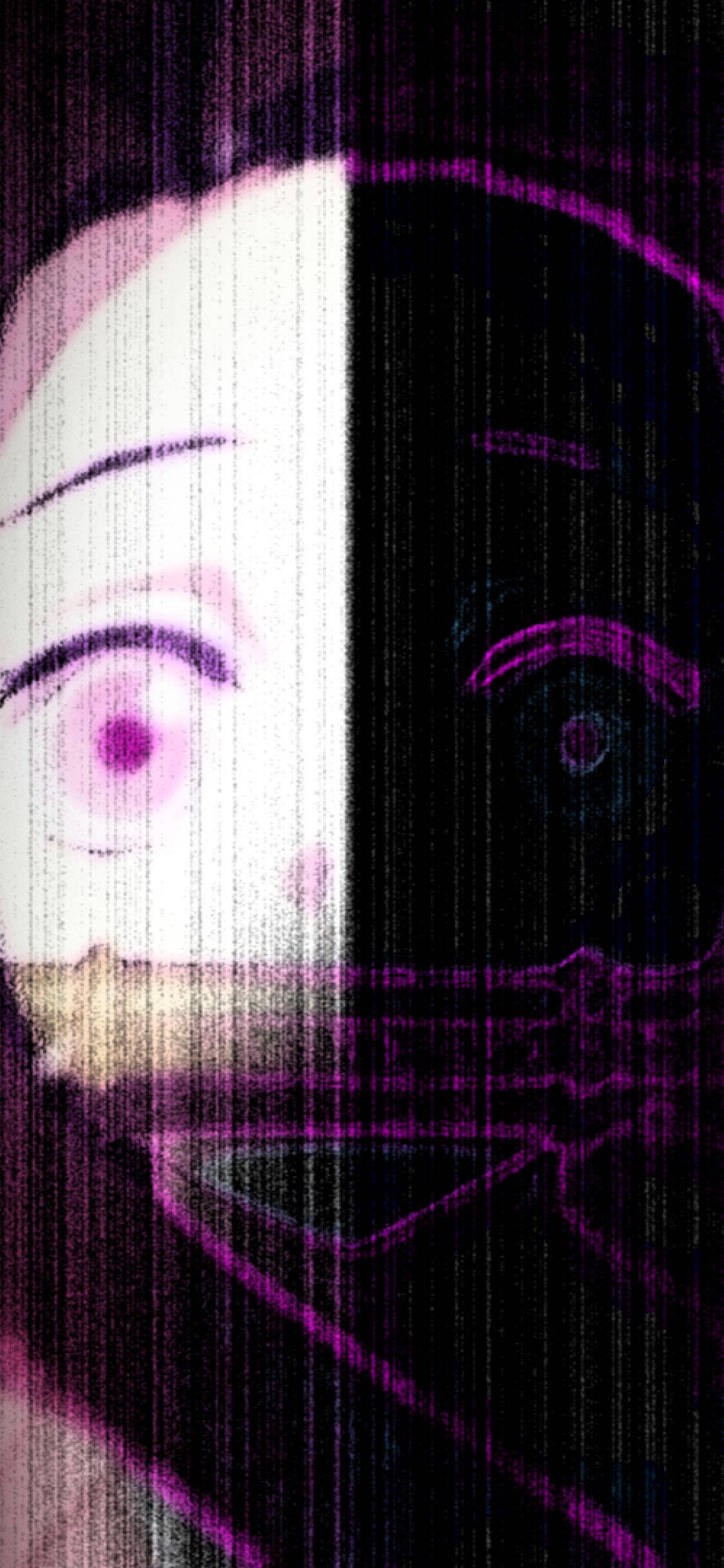 與Nezuko一起放鬆，可愛iPhone壁紙 壁紙 — 一個分裂面孔的動漫角色，一側發出粉紅色光芒，另一側帶有深紫色數位故障效果。