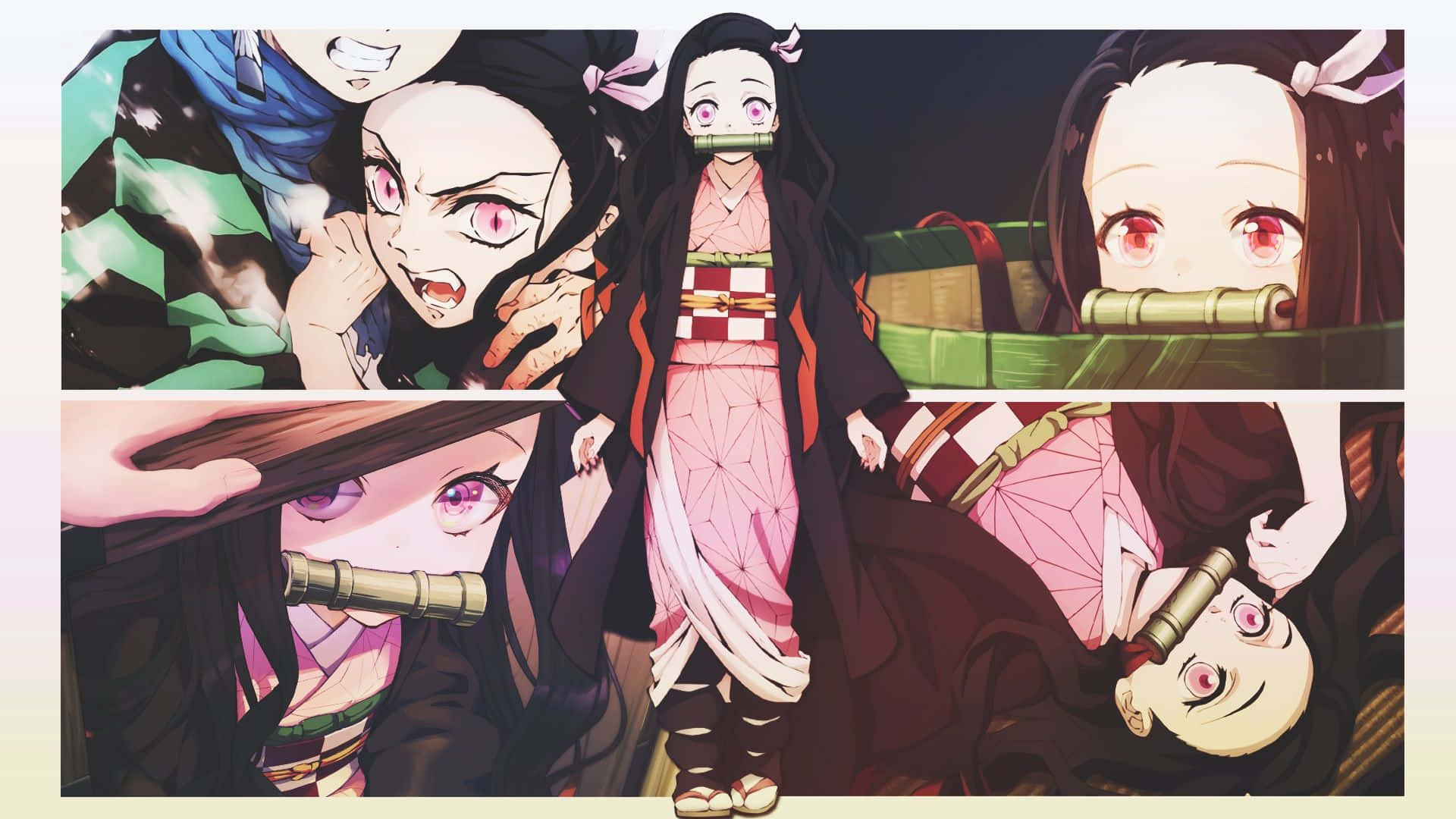 《鬼滅之刃》Nezuko 美學漫畫風格 壁紙 — 動漫角色戴著竹製封口面具，在深色背景下擺出動態姿勢。