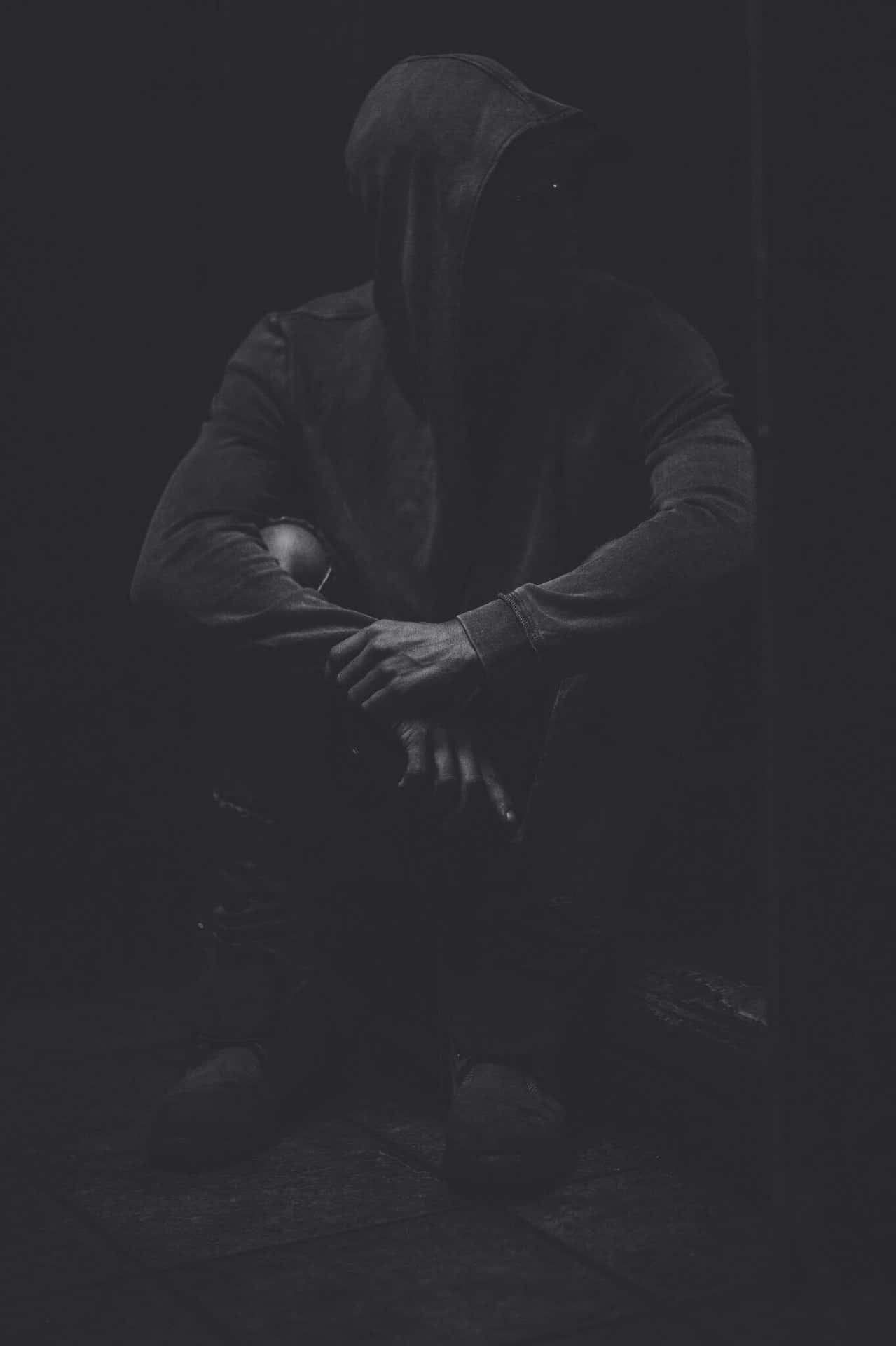 一個戴著兜帽的人坐在黑暗中，雙手緊握，傳達出孤立和神秘感。