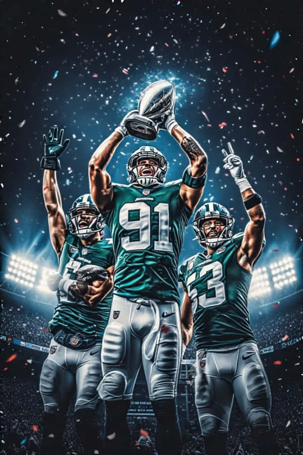 NFL費城老鷹隊慶祝時刻 壁紙 — 三名身穿綠色球衣的足球員在體育館燈光下，周圍灑滿五彩紙屑，勝利地慶祝。