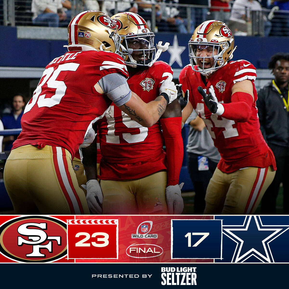 慶祝球員與 NFL 分數 壁紙 — 三名身穿紅金球衣的三藩市49人美式足球員在球場慶祝對達拉斯牛仔隊的達陣勝利。