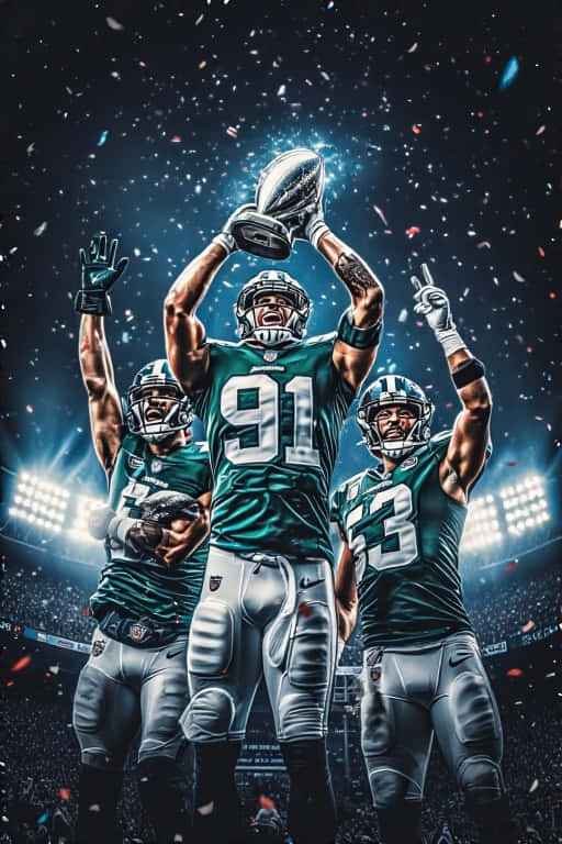 NFL Philadelphia Eagles Celebration 壁紙 — 三名身穿綠色球衣的足球員在體育館燈光下，周圍灑滿五彩紙屑，勝利地慶祝。
