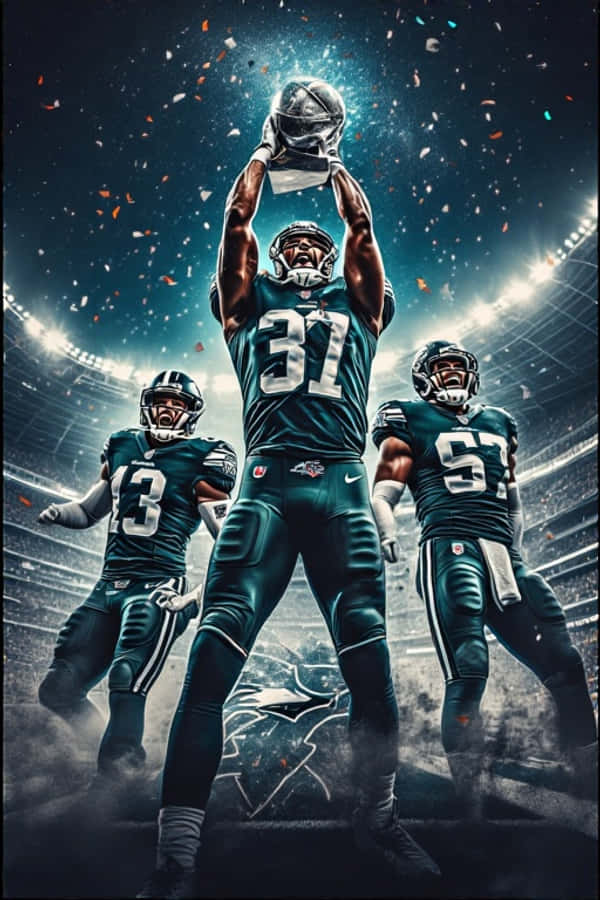 NFL 費城老鷹隊慶祝場景 壁紙 — 三名身穿青綠色球衣的費城老鷹隊美式足球員在體育館燈光下，周圍飄落著五彩紙屑，勝利地慶祝。