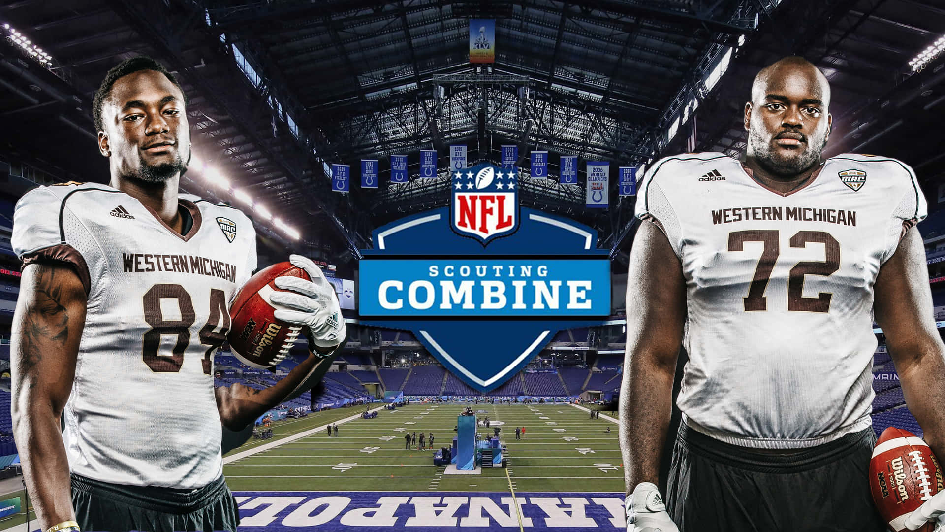 泰勒·莫頓與科瑞·戴維斯：NFL 評估會亮相照 壁紙 — 兩名西密歇根大學足球員在球場上與NFL Scouting Combine標誌合影。