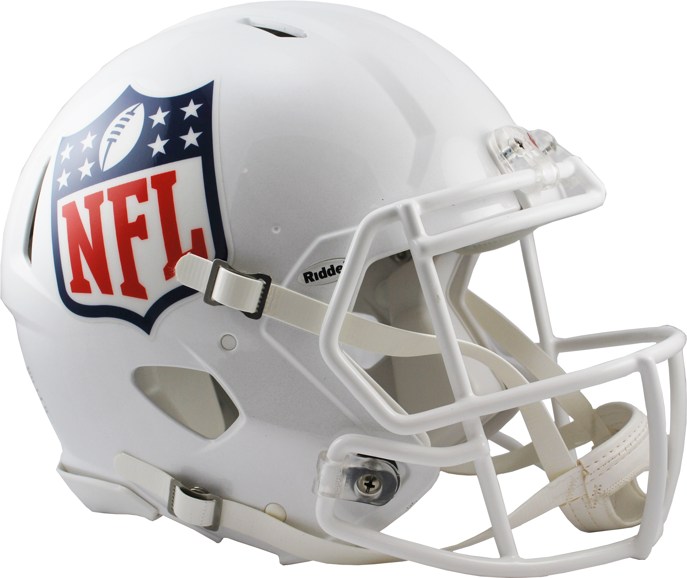 NFL美式足球頭盔獨立圖 壁紙 — 一個純白色的NFL美式足球頭盔，帶有紅、藍、銀色標誌，背景為黑色。