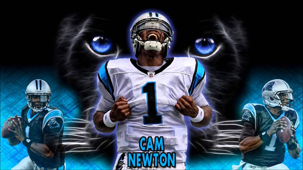 NFL 卡姆·牛頓 壁紙 — 一名身穿白色球衣、背號1的兇猛足球員站在舞台中央，身後有一雙發著藍光的黑豹眼睛潛伏著。