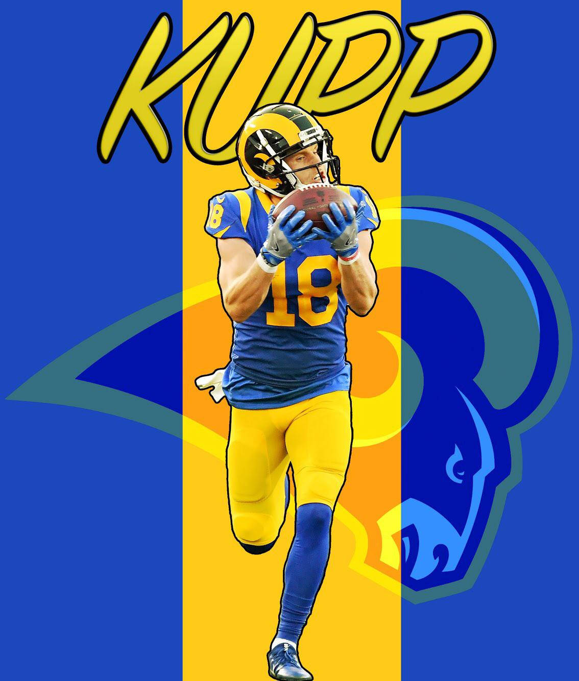 NFL 洛杉磯公羊隊庫珀·庫普圖像藝術 壁紙 — 一幅動態插圖，描繪美式足球員馬修·斯塔福德身穿公羊隊裝備，在搶眼的藍黃色背景前接球，背景上有他的名字和球隊標誌。