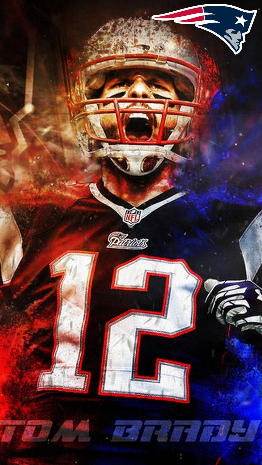 NFL 湯姆·布雷迪 壁紙 — 穿著新英格蘭愛國者隊裝備的湯姆·布雷迪在火紅和電藍色的宇宙背景下兇猛地咆哮。