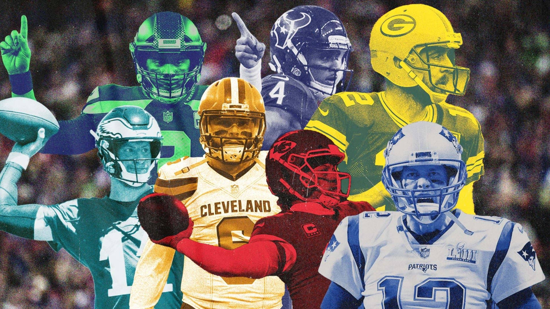 NFL 球員藝術圖 壁紙 — 充滿活力的NFL四分衛拼貼畫，他們身穿球隊裝備，高舉拳頭和橄欖球，背景是模糊的體育場人群。