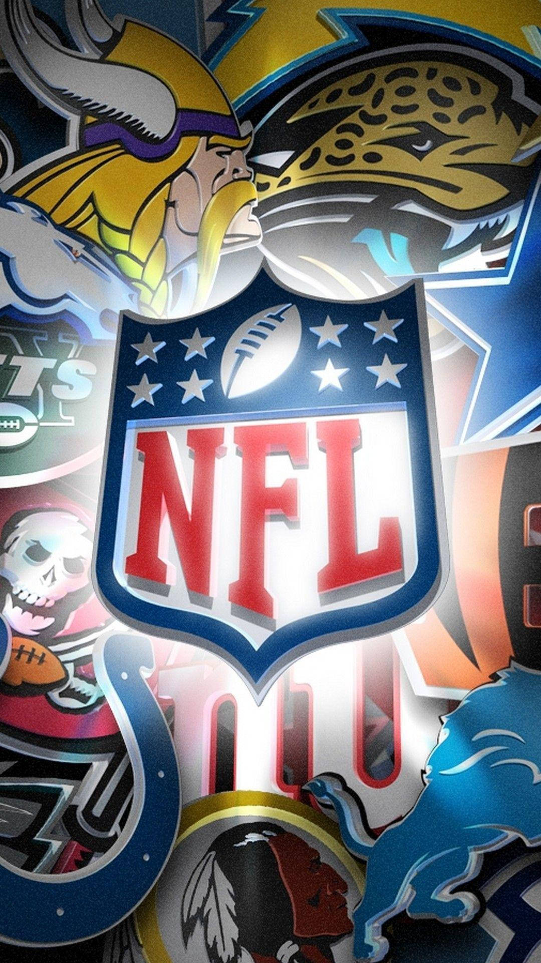 色彩繽紛的圖形設計中，NFL標誌被球隊徽章環繞。