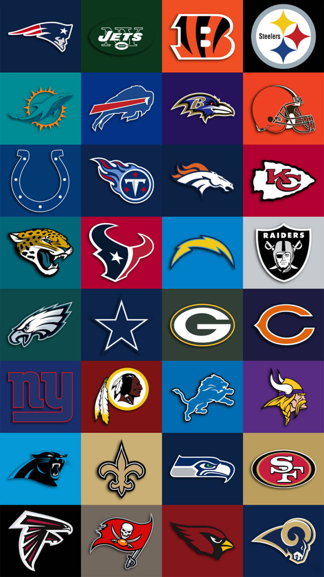 以彩色網格排列的NFL球隊標誌集合。