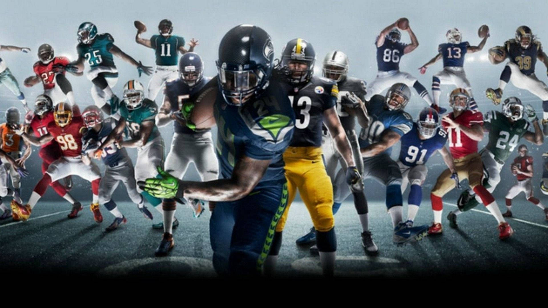 NFL 球隊模型 壁紙 — 動態拼貼畫，展示美式足球運動員在深色工作室背景下穿著隊服擺出動作姿勢。