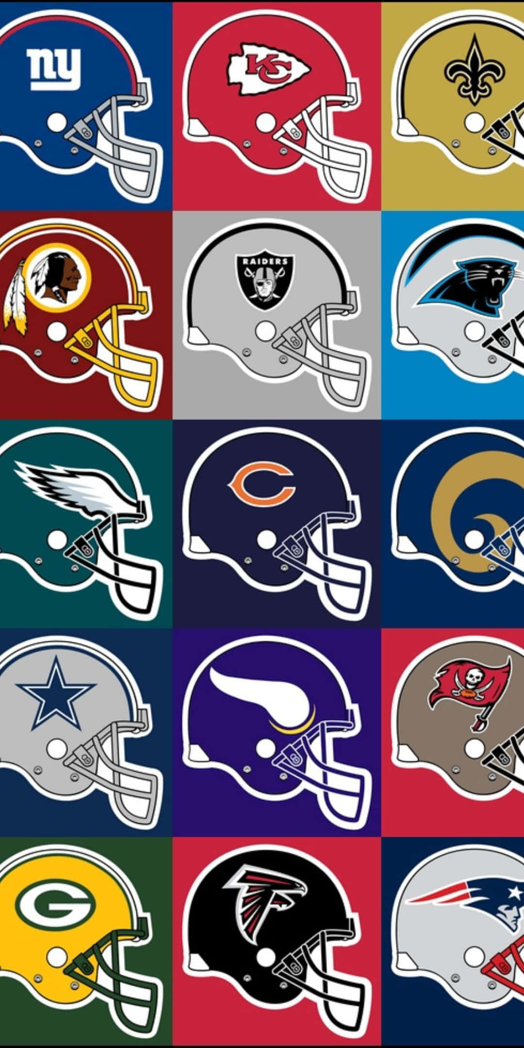 NFL 球隊頭盔 Pixel 3 足球背景 壁紙 — 一個由色彩繽紛的NFL美式足球頭盔組成的網格，在純色背景方格上展示球隊標誌。