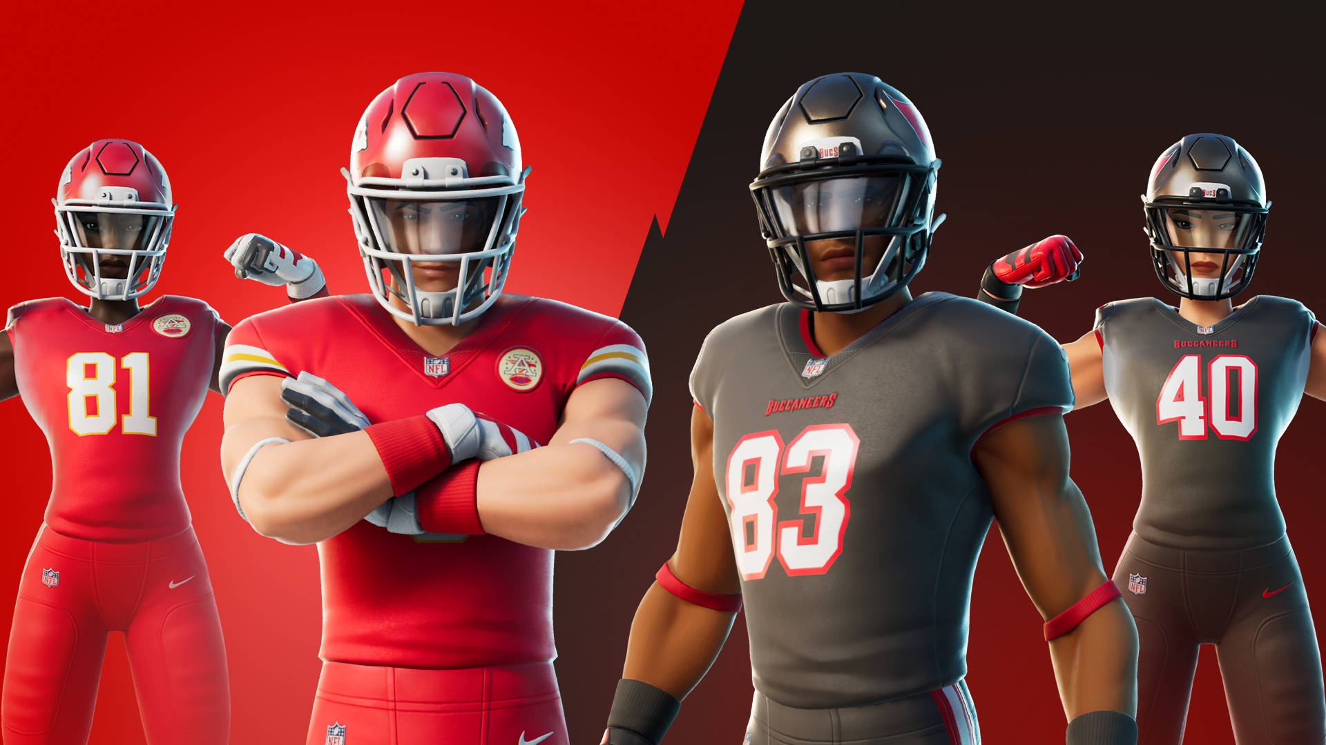 NFL 與《Fortnite》遊戲角色 壁紙 — 四個Fortnite NFL球員造型穿著紅色和灰色制服，在紅黑分割的背景前自信地擺姿勢。